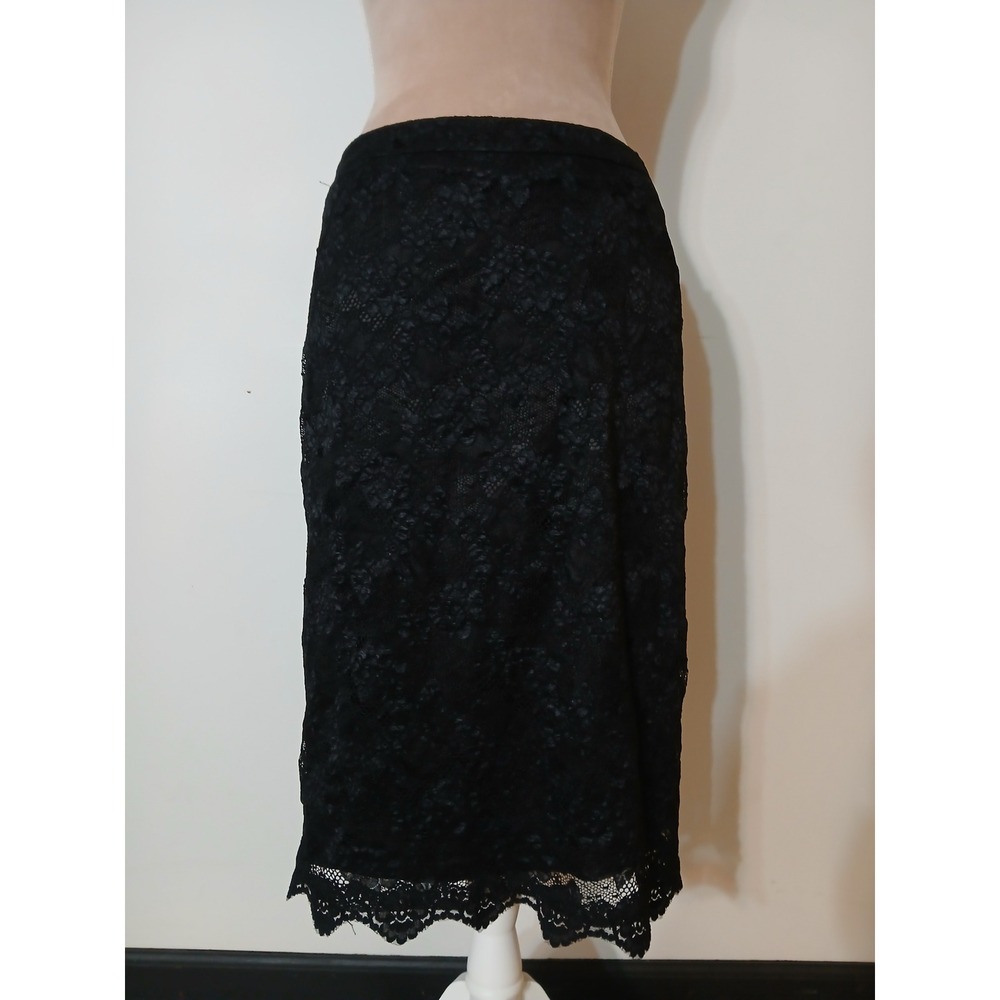 Alberto Makali Black Floral Lace Midi Trumpet Skirt Scalloped Hem Size 10 USA